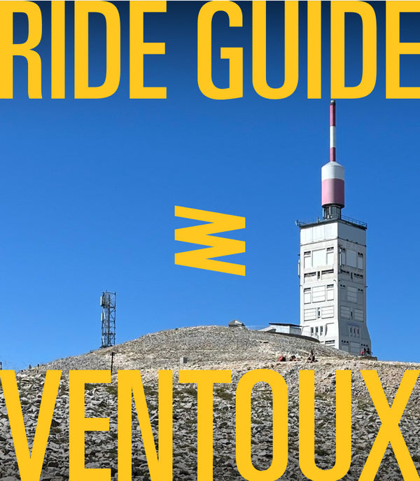 Mountain peak with a tower text reads: 'GUIDE RIDE VENTOUX'.