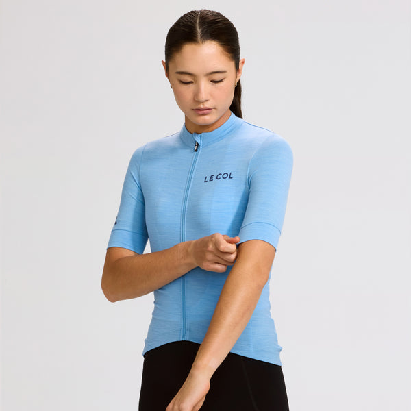 Studio shot of woman in light blue merino jersey