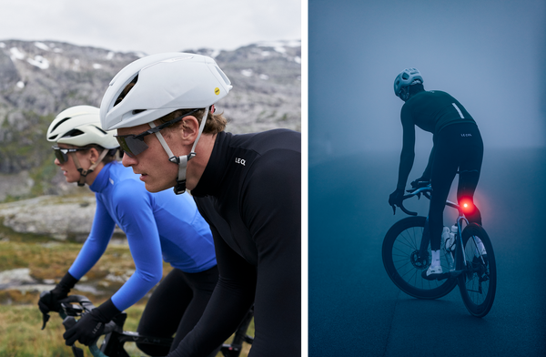 cyclists in cold and misty conditions. 