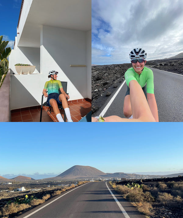 Three image collage, female cyclist relaxing on balcony, bike selfie and landscape shot 