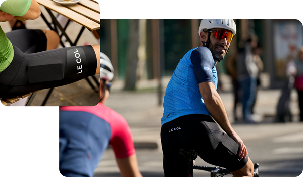 Male cyclist in black sport cargo bib shorts, with close up of a phone in the pocket.