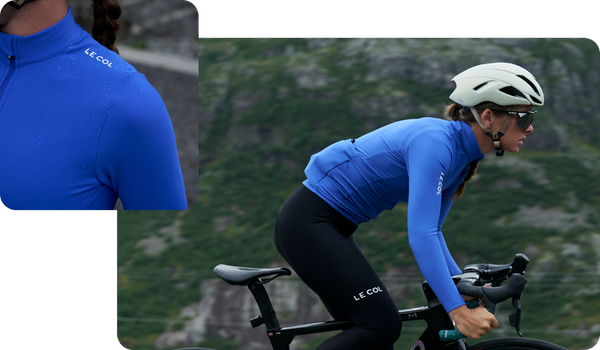 Female cyclist in the Pro aqua zero jersey.