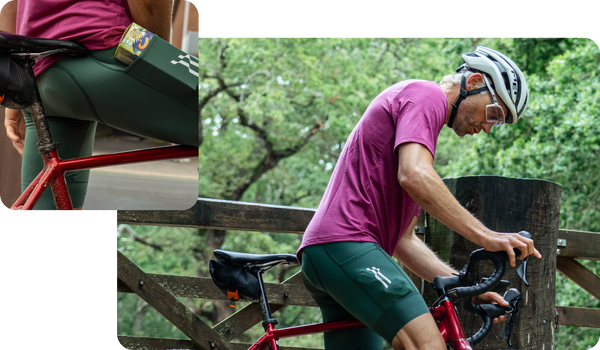 Two shots male cyclist in arc cargo bib shorts highlighting the pocket use.