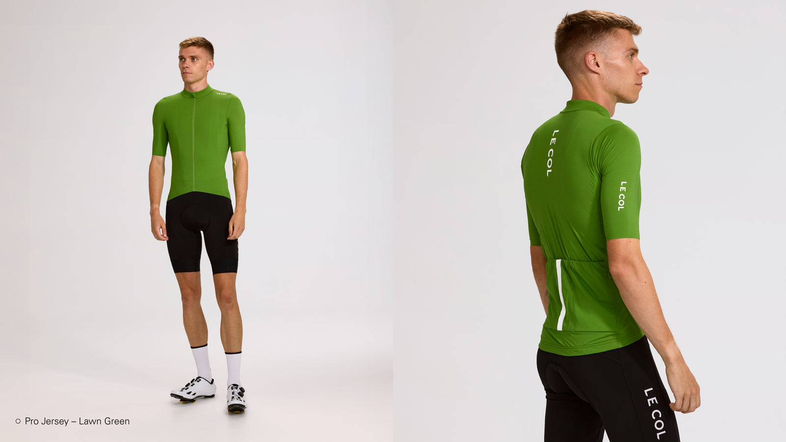 Studio shot of man in short sleeve lawn green Pro jersey.
