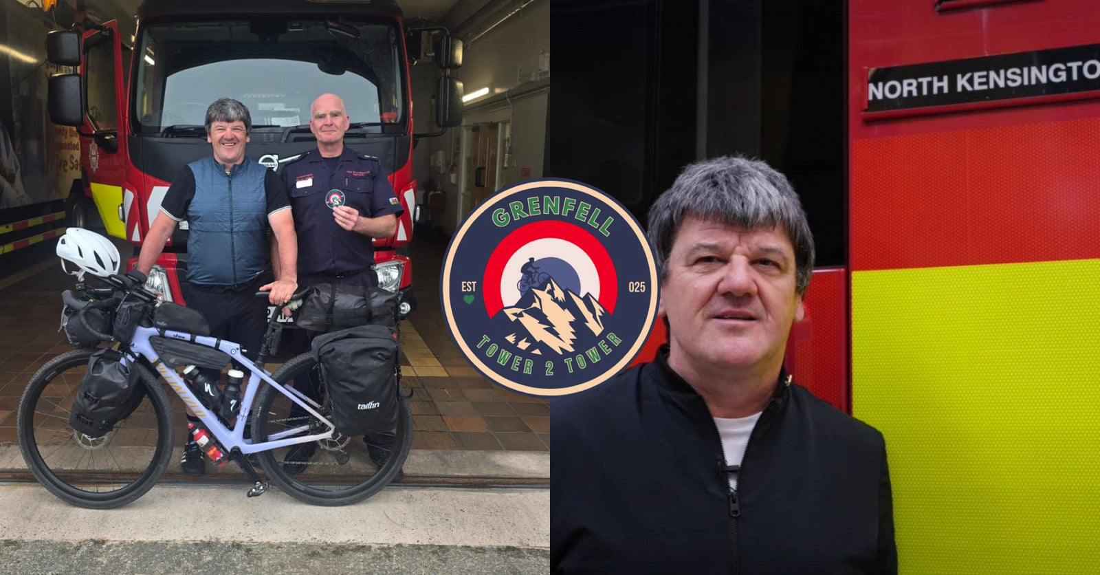 Stephan with heavily loaded bike with a firefighter in front of a fire truck