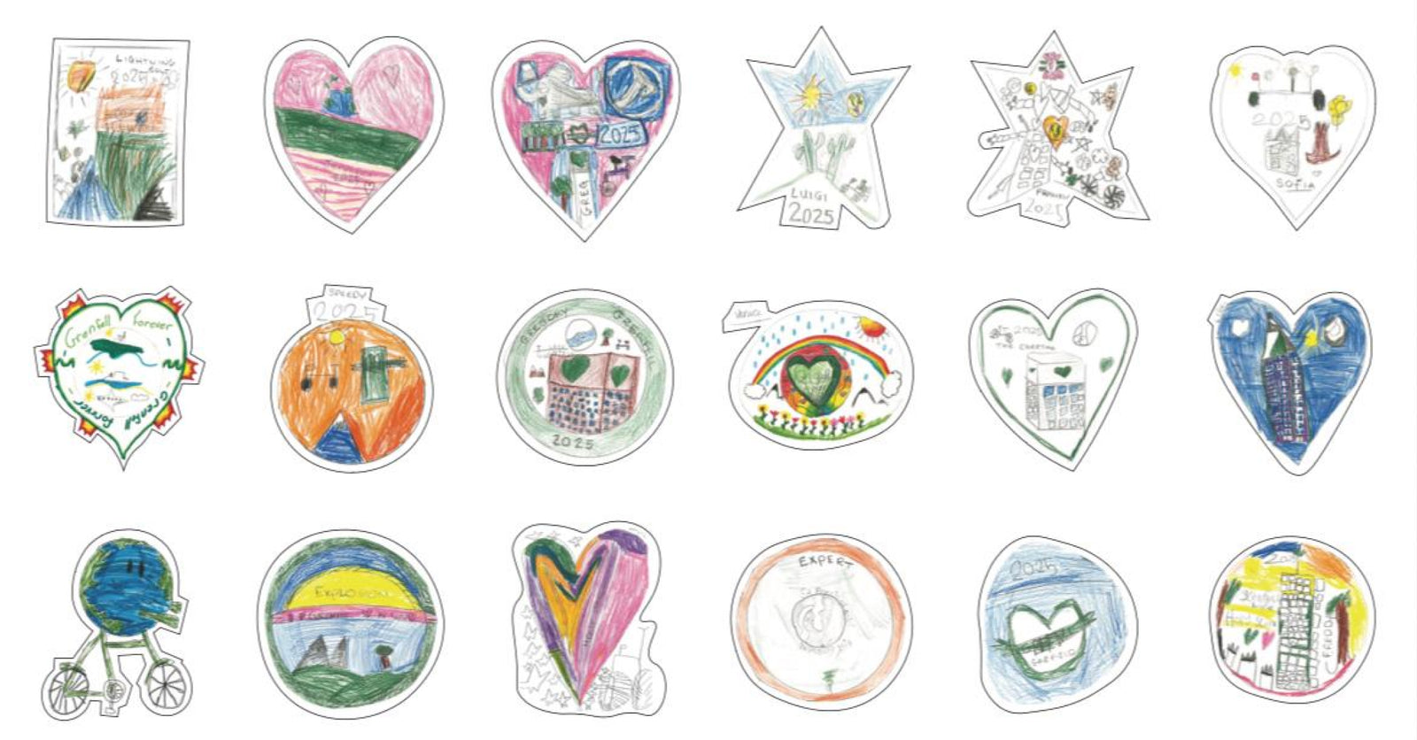 Array of mostly heart shaped stickers designed by the school children 