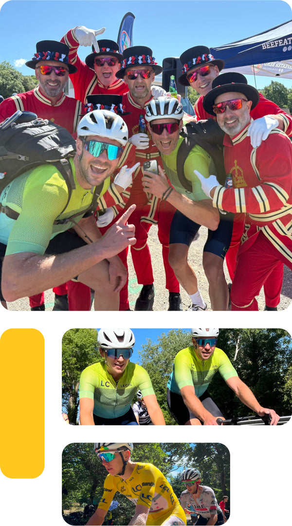 Group of cyclists celebrating with trophies, wearing colorful outfits and hats.