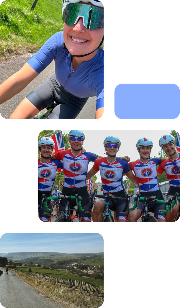 Three image collage, bike selfie, landscape shot and race day group photo