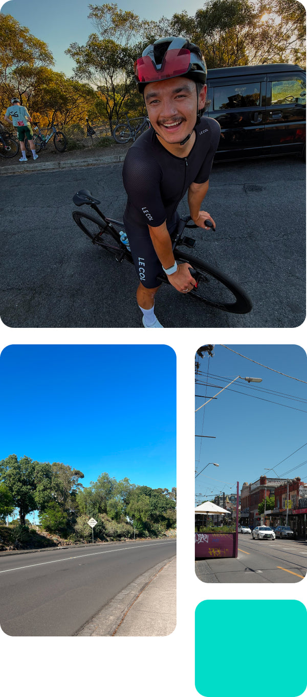 Three image collage, two streets of Melbourne and cyclist ready to go