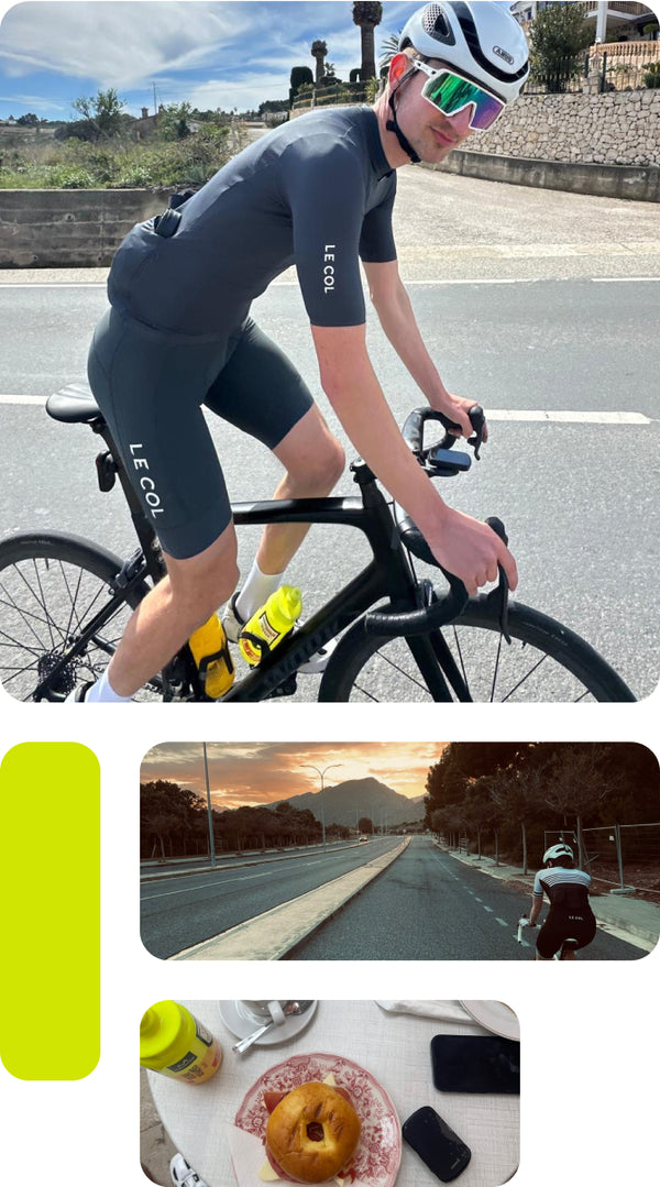 Four image collage, two cafe stops and two cycling in urban settings