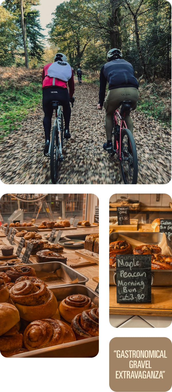 Three image collage, two shots of pastries and two cyclists riding through woodlands