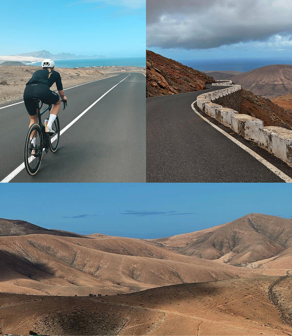 Three image collage, female cyclist riding away and two mountainous landscape shots