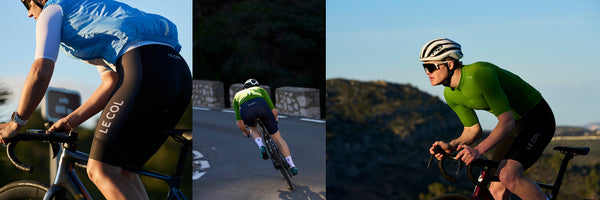 Three images, cyclists on the road in tight fitting, compressive bib shorts.
