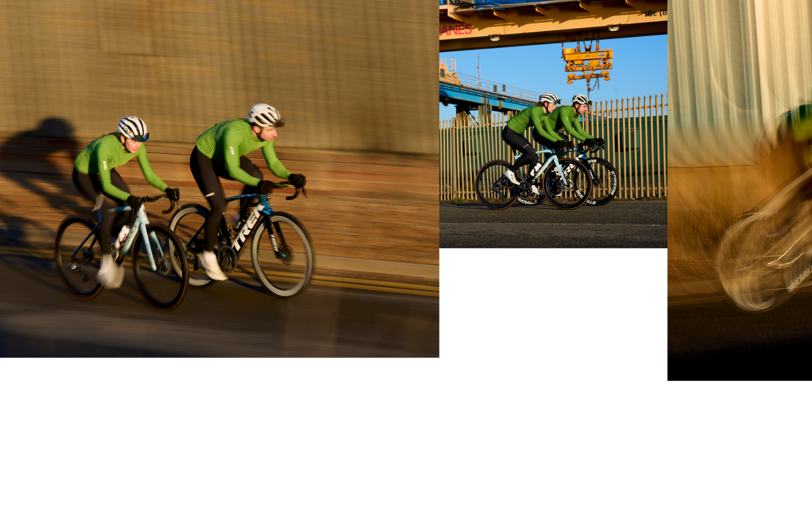 Image collage of male and female cyclists in the green longsleeve jersey in dockyard setting.