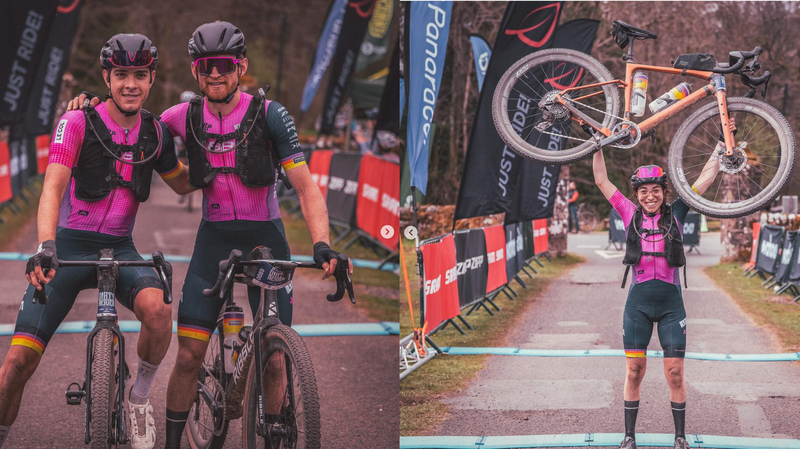 Three Ribble cyclists in matching kits on a race track, two standing together and one holding a bike 