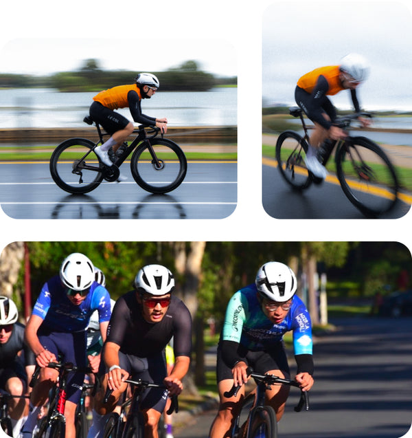 Alex cycling in a race, four competitors grouped close together