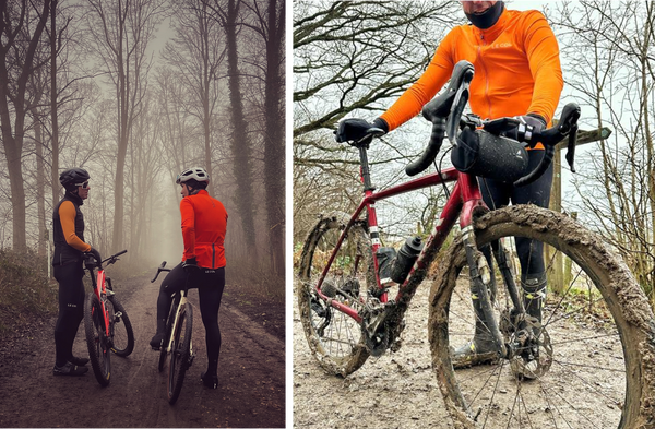 Cyclists in wet and muddy conditions and a misty forest. 