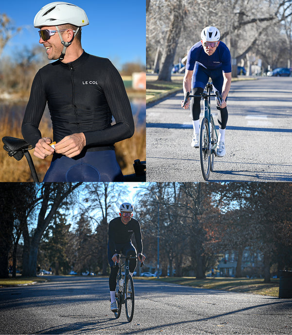 Three image collage, male cyclist close up and two shots riding down tree lined avenue