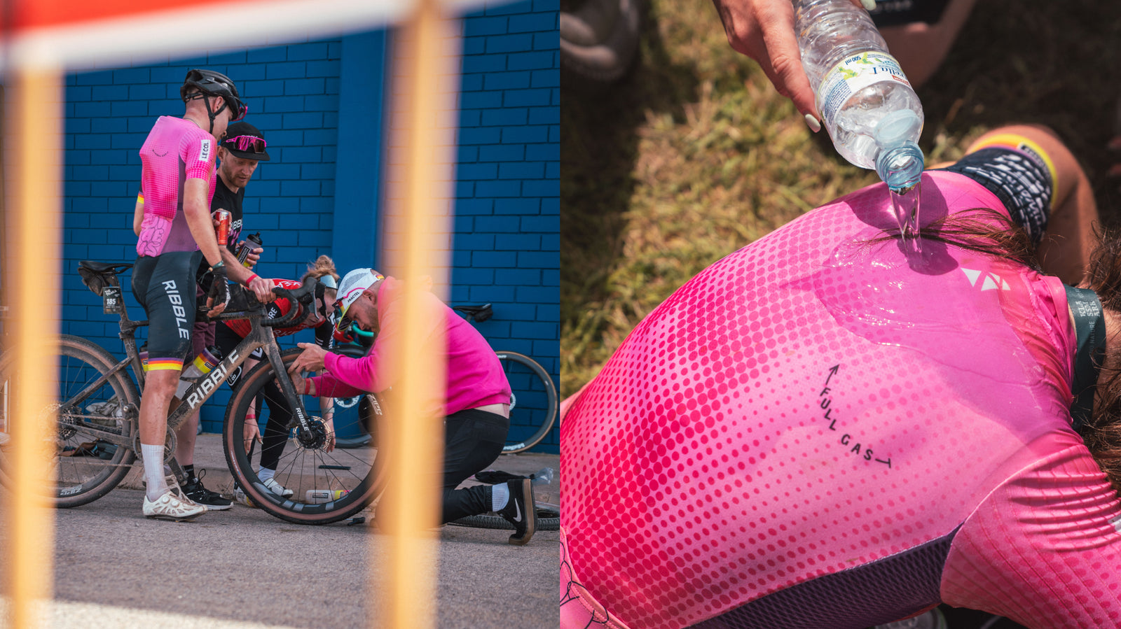 Left: Ribble team repairing a bike; right: cyclist cools down by throwing water on their bac