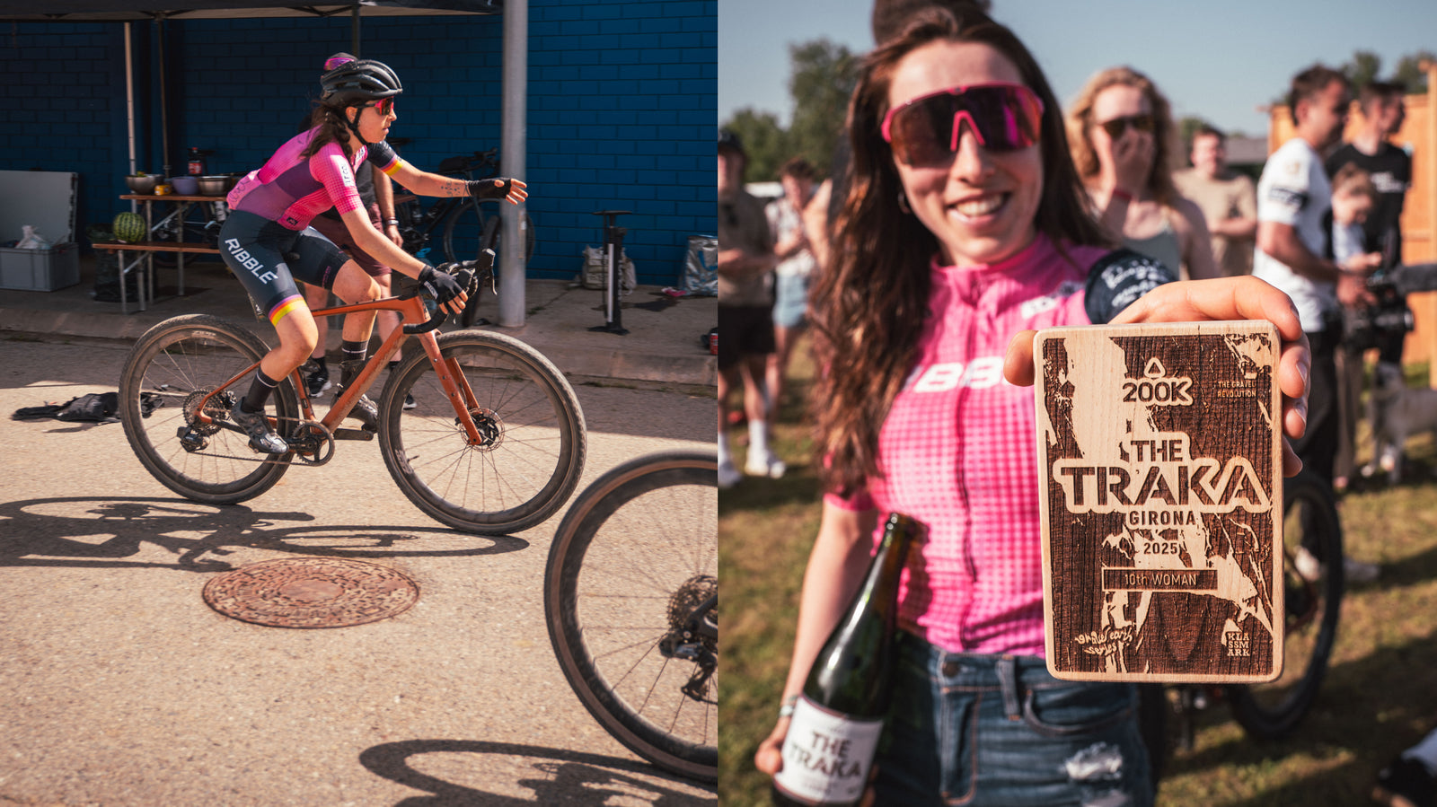 Left: woman riding a bicycle; right: Ribble cyclist holding a bottle of wine and a trophy.