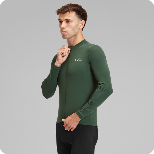 Studio shot of male in Ride long sleeve jersey.