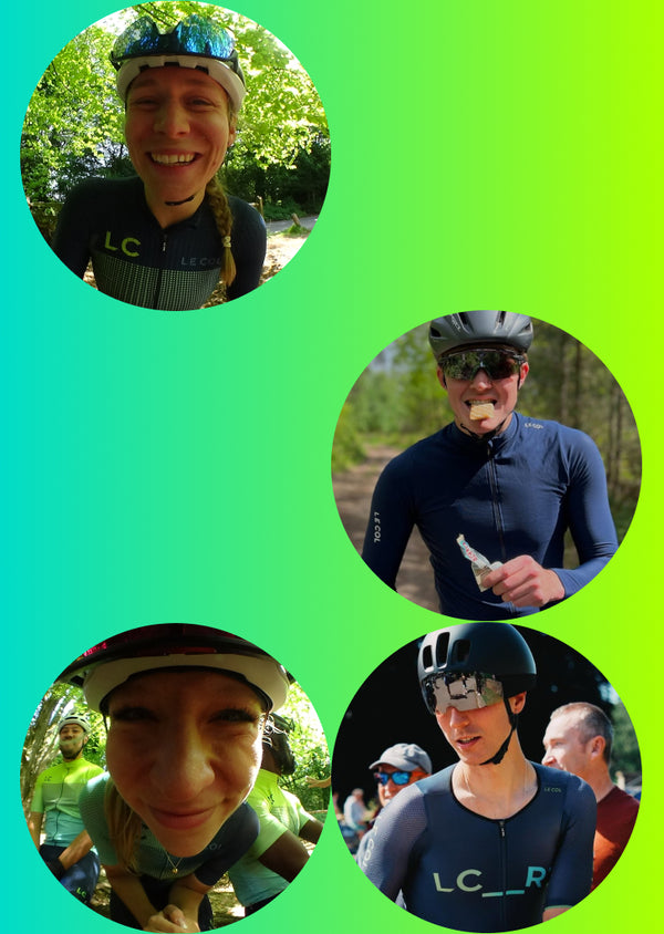 blue to green gradient background with four circular images of cyclist's portrait shots