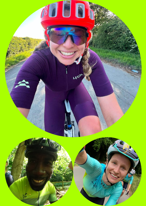 green background with three circular images of cyclist's portrait shots