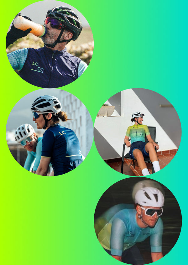 blue to green gradient background with four circular images of cyclist's portrait shots