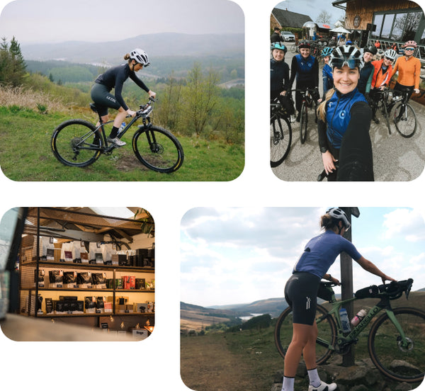 Four image collage, cyclist group photo, coffee bags on shop self and two riding in peaks landscape shots