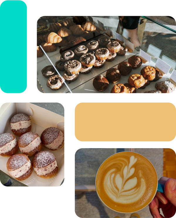 Three images collage, coffee and plenty of pastries