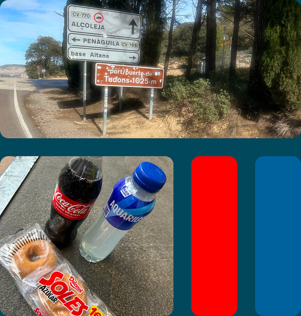 Two images, roadsign to Alcoleja and  drinks and snacks