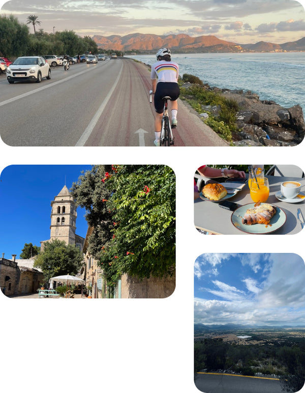 Four image collage, cycling a coastal road, cafe stops and church tower