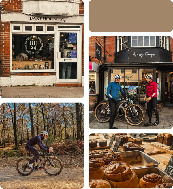 Image collage, cyclists outside cafes, pastries and cycling past trees
