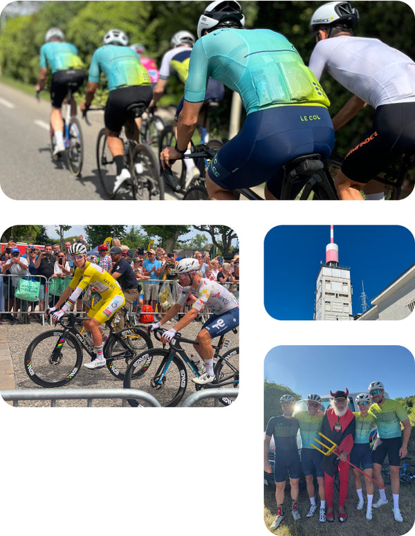 Collage of cyclists in action, a tower, and spectators at a cycling event.