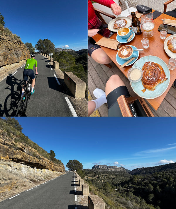 Three image collage, cyclist riding away, a tabletop of coffees and pastries and mountainous landscape shot