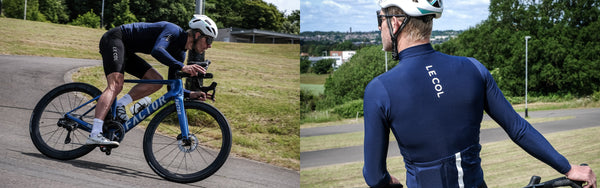 Two shots of Hayden cycling in Le Col kit.