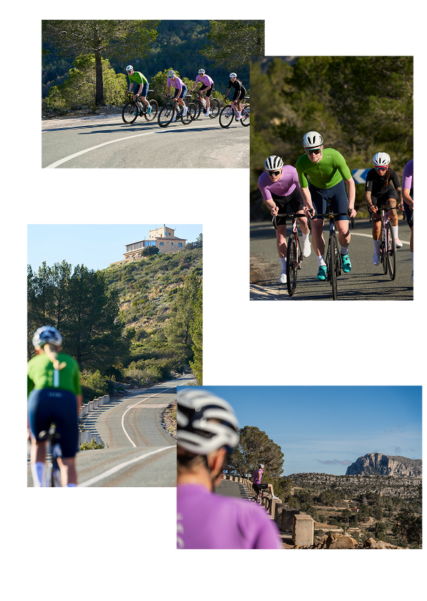 Four image collage, cyclists on uphill climb in orchid and lawn green jerseys