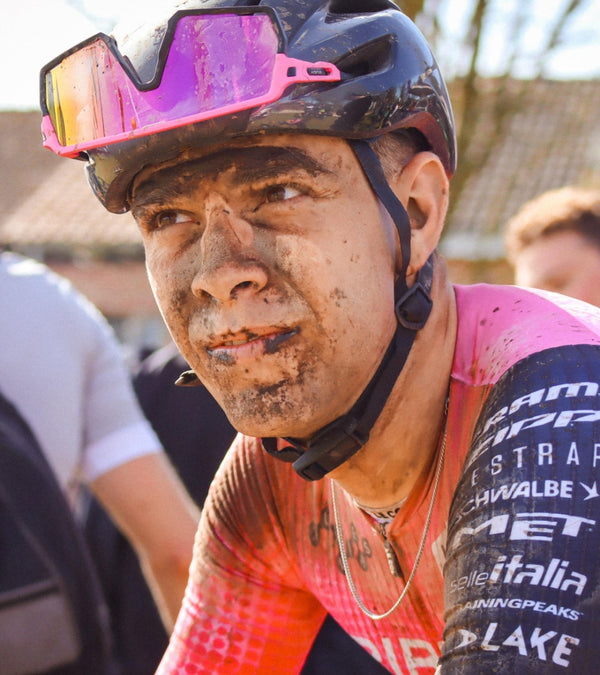 Ribble cyclist with mud splattered face.