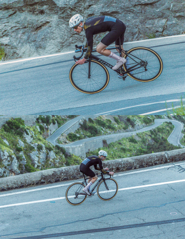 Two images collage: Male cyclist in black kit, cycling on mountain roads