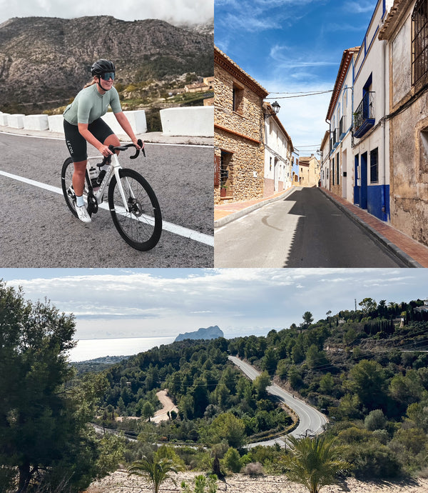 Three image collage: Female cyclist with mountain behind, quaint town street and landscape shot