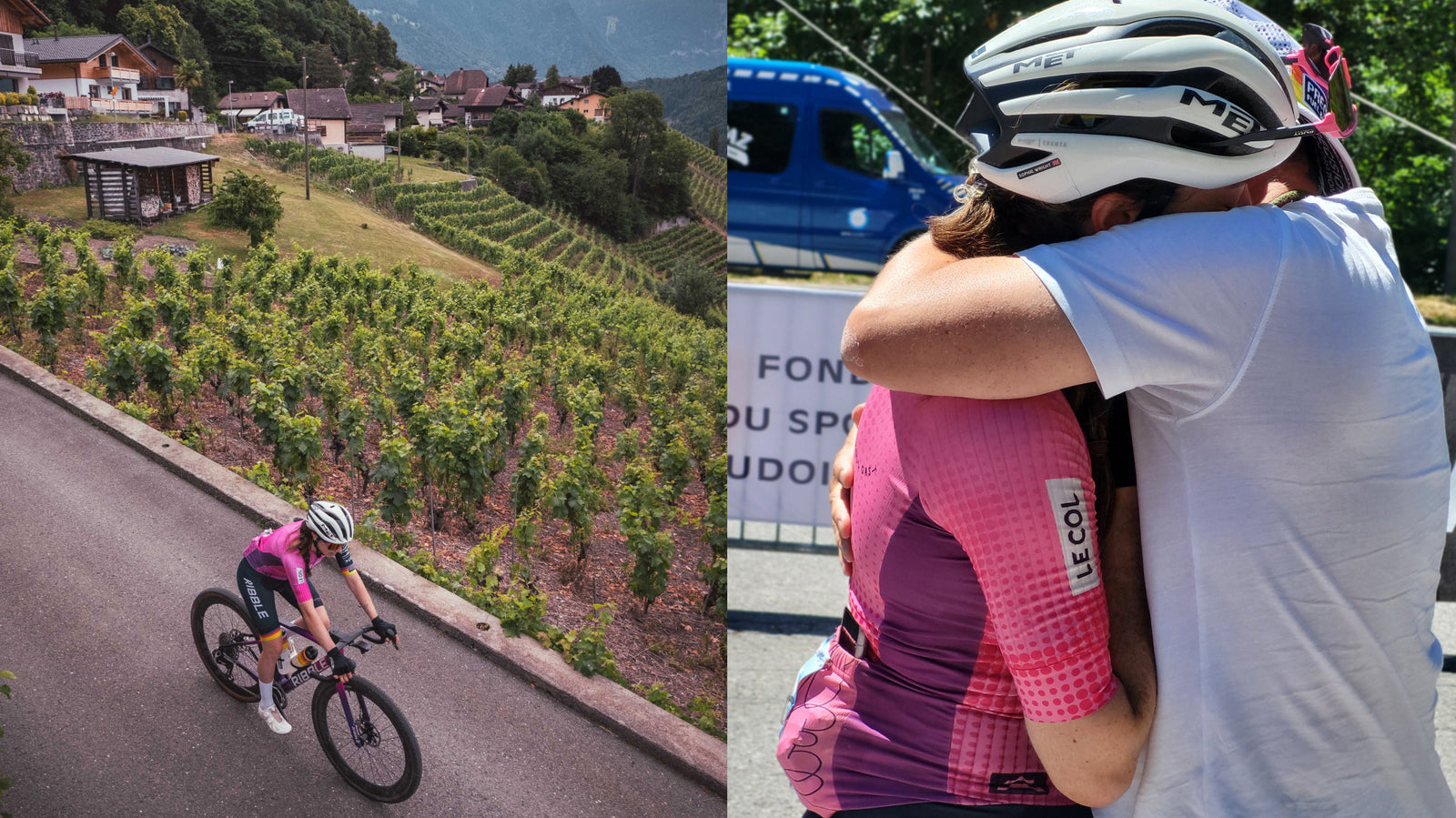 Left: female Ribble cyclist descending a hill; right: Ribble cyclist hugging another person