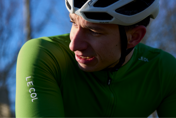 Male cyclist face close up.