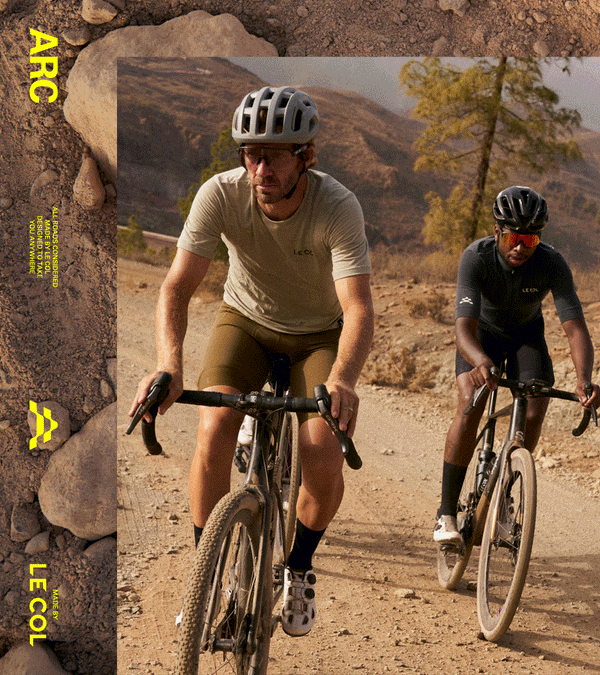 Rolling four images of gravel riders in ARC kit on dusty tracks.