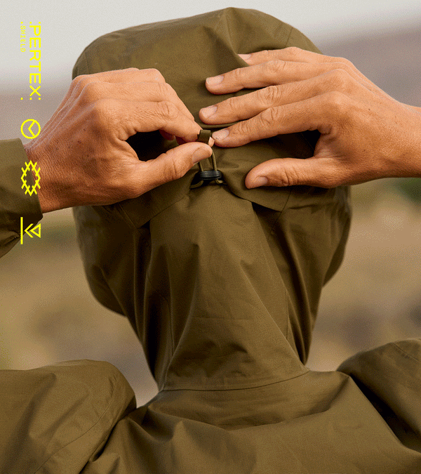 Rolling four images of riders in Olive rain jacket, shows adjustable toggle on back of hood.