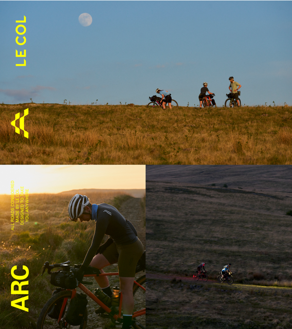Three image collage, gravel riders going through grasslands in evening light.