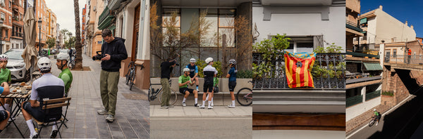 Four images showing a photographer taking the pictures of the cyclist group.