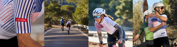 Four images, male and female cyclists in white striped jerseys