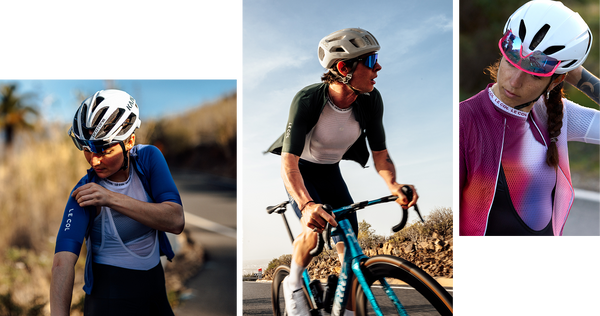 Three images, cyclists wearing their jerseys open to show mesh base layers.
