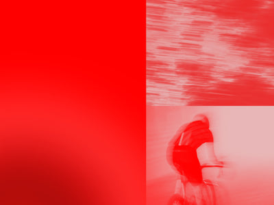 Abstract art with red and white colors on a red background person cycling