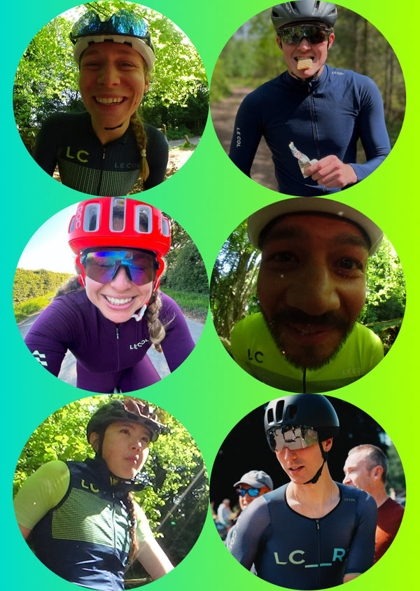 blue to green gradient background with six circular cyclist portrait shots